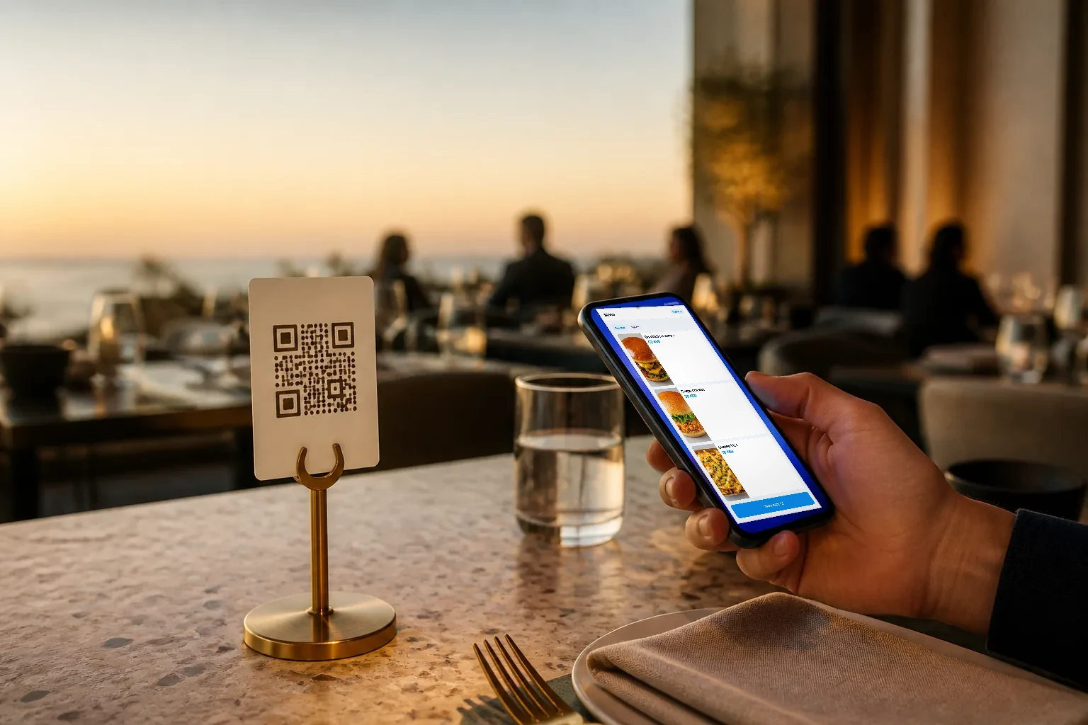 A guest holding a phone toward a small QR code stand on a set restaurant table at golden hour.