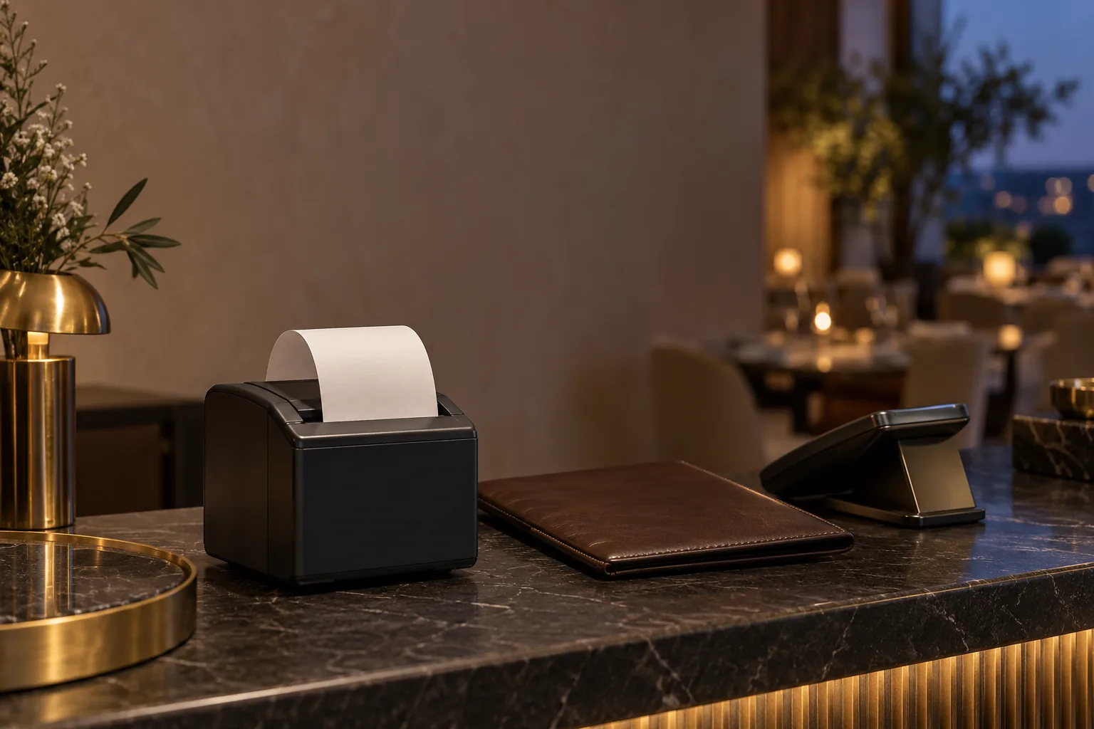 A thermal printer with a blank paper receipt beside a bill folder on a restaurant counter.