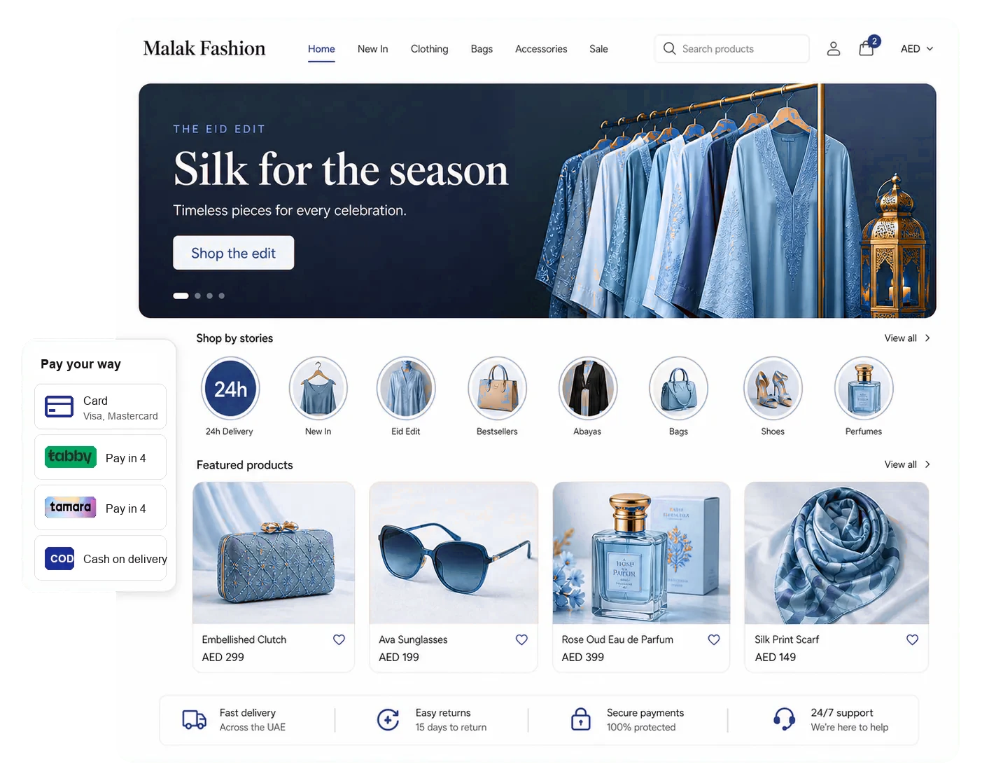 Online storefront with collections, stories, and products
