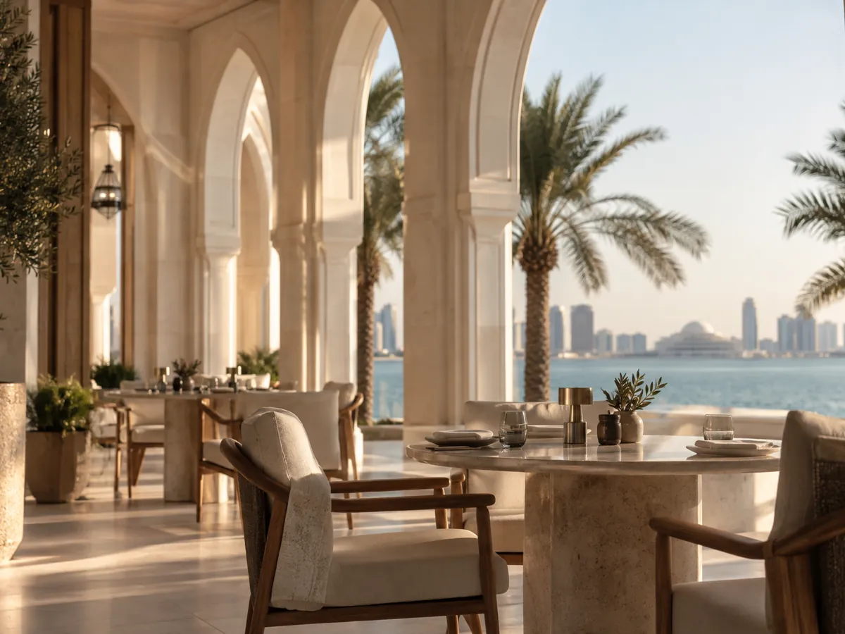 A calm restaurant in Abu Dhabi framed by tall white arches, with palms and the turquoise water of the corniche beyond