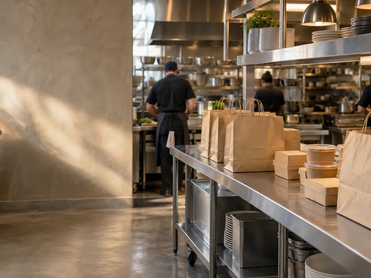 A busy delivery kitchen with cooks at steel prep lines and packed orders waiting on the pass