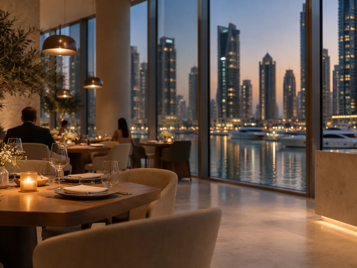 A warm restaurant dining room in Dubai Marina at dusk, with the marina towers softly blurred beyond the glass