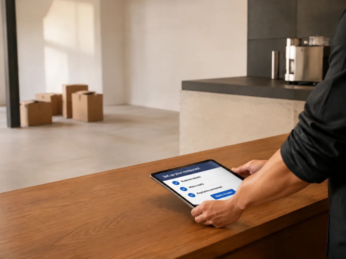 A tablet being placed on the bare counter of a cafe on setup day