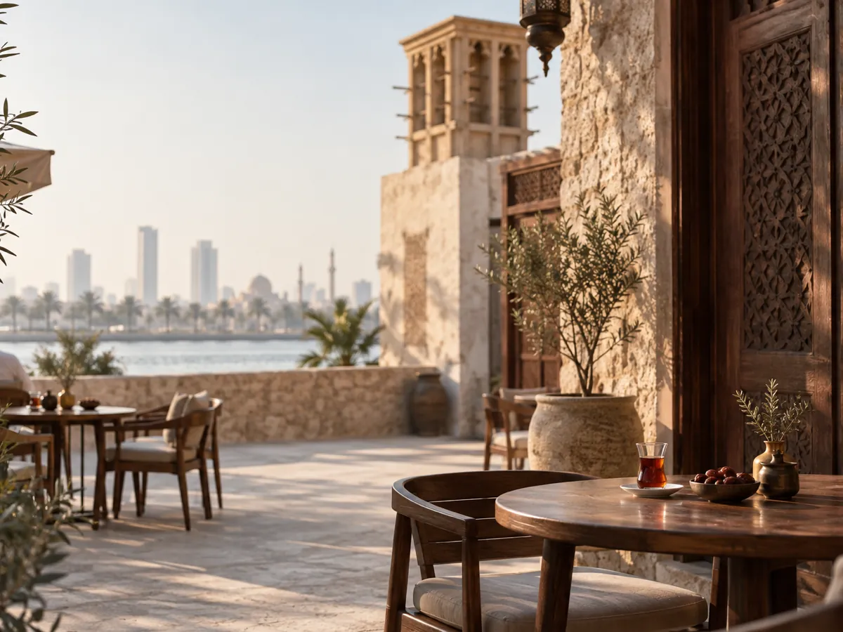 A heritage cafe courtyard in Sharjah with coral stone walls, a wind tower and carved wooden doors, the waterfront softly blurred beyond